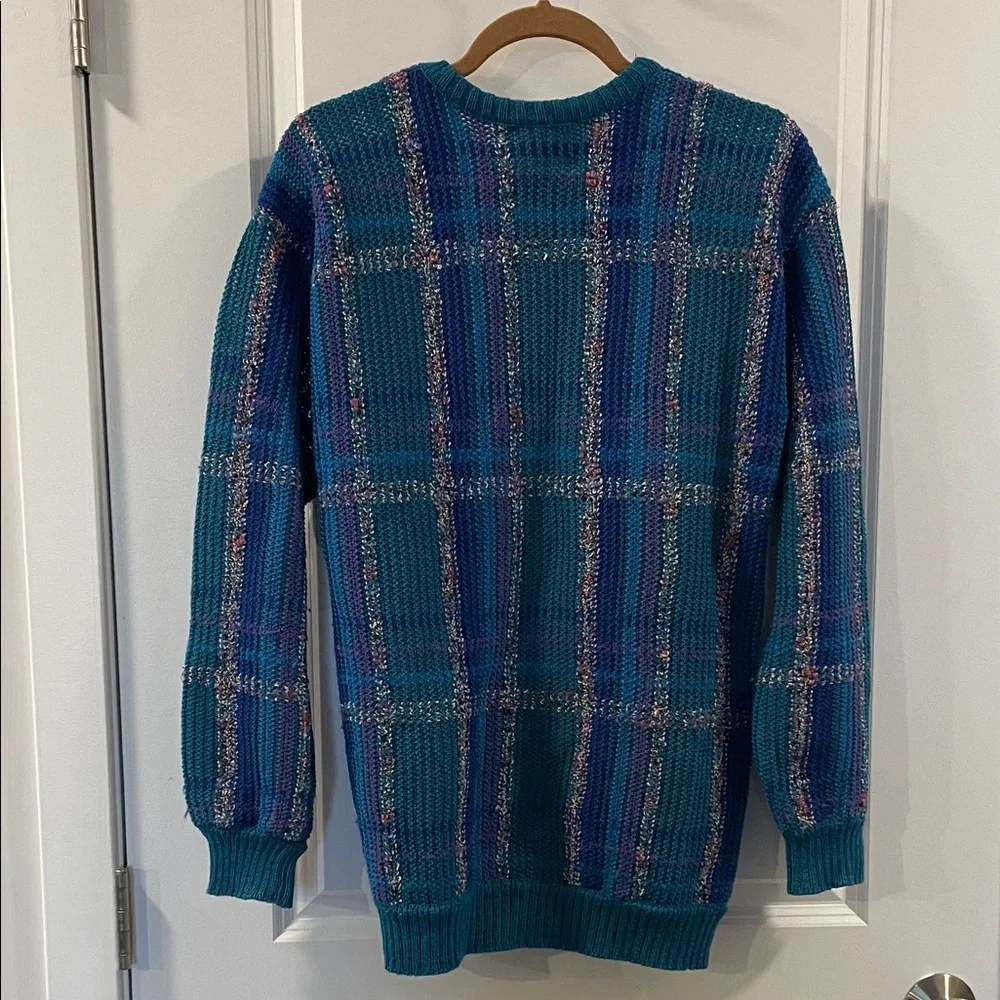 VINTAGE! Colorful Teal, Blue, & Purple Retro Cardigan, Women’s Medium - Picture 2 of 9